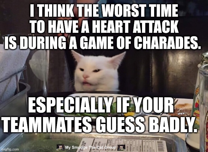 I THINK THE WORST TIME TO HAVE A HEART ATTACK IS DURING A GAME OF CHARADES. ESPECIALLY IF YOUR TEAMMATES GUESS BADLY. | image tagged in smudge the cat | made w/ Imgflip meme maker