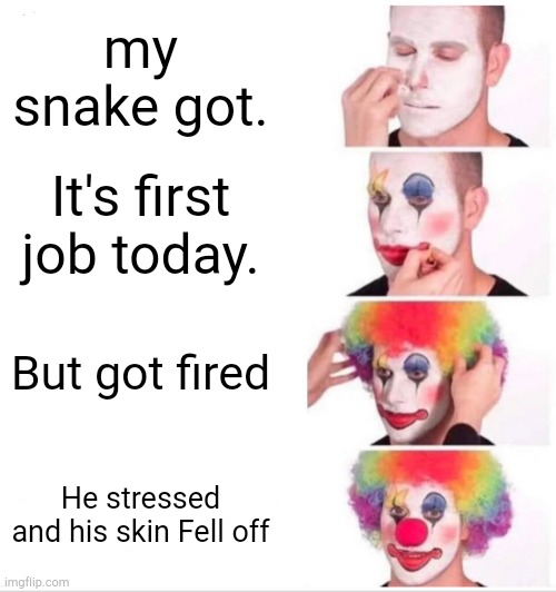 This is not that good | my snake got. It's first job today. But got fired; He stressed and his skin Fell off | image tagged in memes,clown applying makeup | made w/ Imgflip meme maker