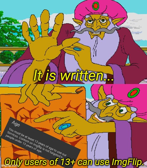 this meme i made for 4mbush before he deleted his image. | It is written... Only users of 13+ can use ImgFlip. | made w/ Imgflip meme maker