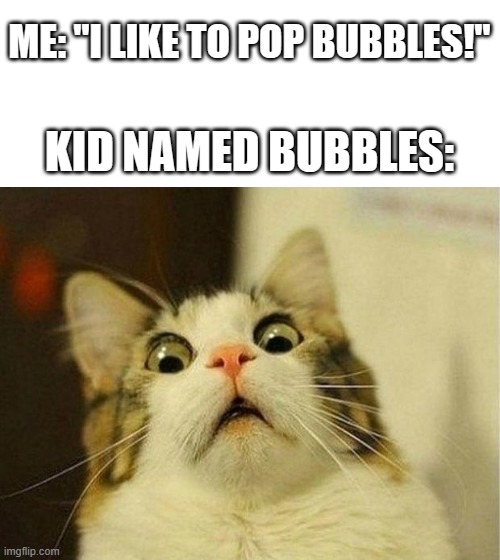 I don't think anyone has thought of this one yet | ME: "I LIKE TO POP BUBBLES!"; KID NAMED BUBBLES: | image tagged in memes,scared cat,bubbles,pop | made w/ Imgflip meme maker