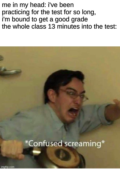 It can't be that bad- oh. | me in my head: i've been practicing for the test for so long, i'm bound to get a good grade
the whole class 13 minutes into the test: | image tagged in confused screaming,well shit,school,quiz,relatable | made w/ Imgflip meme maker
