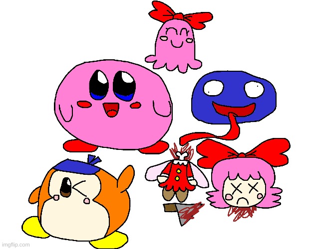 Kirby and his friends | image tagged in kirby,fanart,cute,parody,gore,blood | made w/ Imgflip meme maker