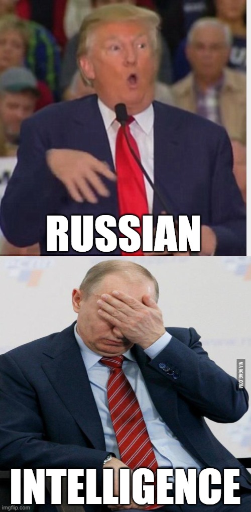 Rino Donald Trump tho | RUSSIAN; INTELLIGENCE | image tagged in donald trump tho,putin facepalm,trump russia collusion,trump putin,dictator,putin's puppet | made w/ Imgflip meme maker