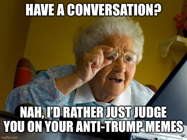 Grandma Finds The Internet Meme | HAVE A CONVERSATION? NAH, I’D RATHER JUST JUDGE YOU ON YOUR ANTI-TRUMP MEMES | image tagged in memes,grandma finds the internet | made w/ Imgflip meme maker