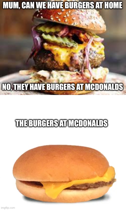 Burgers | MUM, CAN WE HAVE BURGERS AT HOME; NO, THEY HAVE BURGERS AT MCDONALDS; THE BURGERS AT MCDONALDS | image tagged in burgers,hamburger,burger,mcdonalds,gross | made w/ Imgflip meme maker