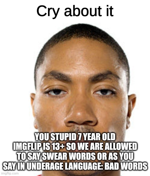 Cry about it | YOU STUPID 7 YEAR OLD IMGFLIP IS 13+ SO WE ARE ALLOWED TO SAY SWEAR WORDS OR AS YOU SAY IN UNDERAGE LANGUAGE: BAD WORDS | image tagged in cry about it | made w/ Imgflip meme maker
