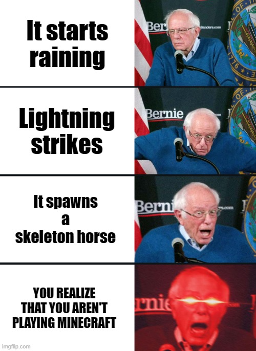 Scary minecraft/irl story | It starts raining; Lightning strikes; It spawns a skeleton horse; YOU REALIZE THAT YOU AREN'T PLAYING MINECRAFT | image tagged in bernie sanders reaction nuked,minecraft | made w/ Imgflip meme maker