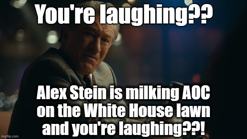 You're laughing. | You're laughing?? Alex Stein is milking AOC
on the White House lawn
and you're laughing??! | image tagged in you're laughing | made w/ Imgflip meme maker