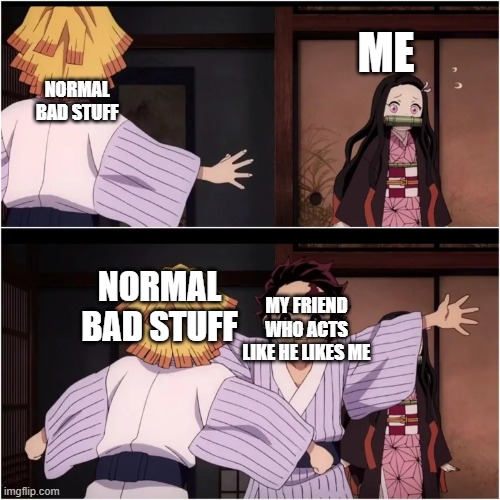 Why does he act like this ? | NORMAL BAD STUFF; ME; NORMAL BAD STUFF; MY FRIEND WHO ACTS LIKE HE LIKES ME | image tagged in tanjiro blocks nezuko | made w/ Imgflip meme maker