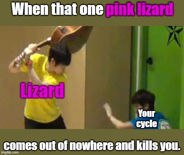 Based off of a true story. | When that one pink lizard; pink lizard; Lizard; Your cycle; comes out of nowhere and kills you. | image tagged in guitar hit | made w/ Imgflip meme maker