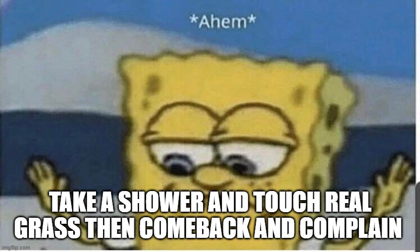 u like gen-impact | TAKE A SHOWER AND TOUCH REAL GRASS THEN COMEBACK AND COMPLAIN | image tagged in spongebob ahem | made w/ Imgflip meme maker