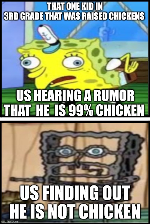 That chicken boy | THAT ONE KID IN 3RD GRADE THAT WAS RAISED CHICKENS; US HEARING A RUMOR THAT  HE  IS 99% CHICKEN; US FINDING OUT HE IS NOT CHICKEN | image tagged in funny memes | made w/ Imgflip meme maker