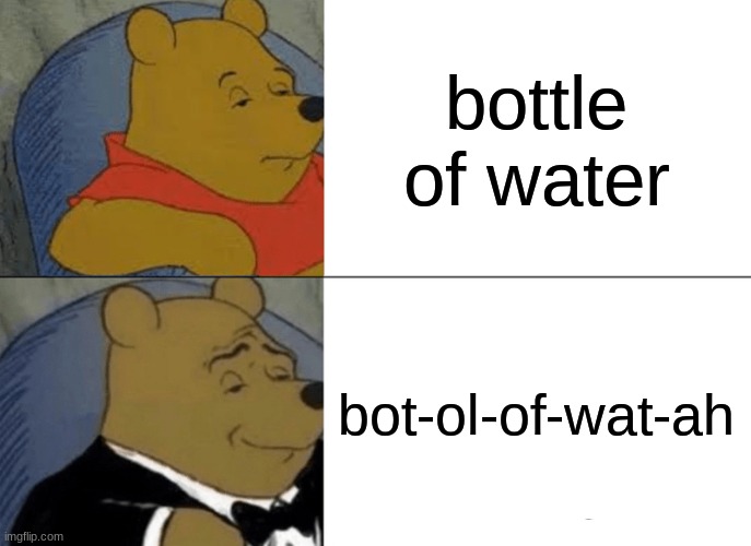 ',:| | bottle of water; bot-ol-of-wat-ah | image tagged in memes,tuxedo winnie the pooh | made w/ Imgflip meme maker