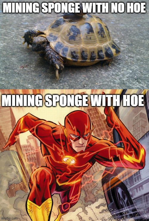 MINING SPONGE WITH NO HOE MINING SPONGE WITH HOE | image tagged in snail riding turtle,the flash | made w/ Imgflip meme maker