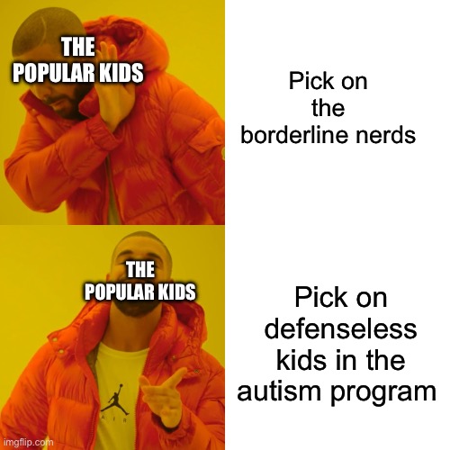 It’s so pathetic it’s actually just sad | Pick on the borderline nerds; THE POPULAR KIDS; THE POPULAR KIDS; Pick on defenseless kids in the autism program | image tagged in memes,drake hotline bling | made w/ Imgflip meme maker