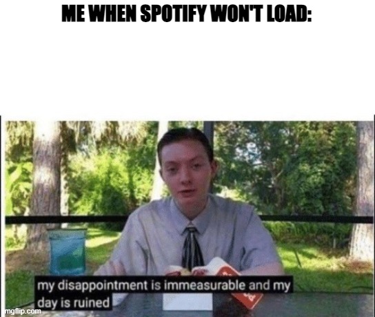 happened today | ME WHEN SPOTIFY WON'T LOAD: | image tagged in my dissapointment is immeasurable and my day is ruined | made w/ Imgflip meme maker