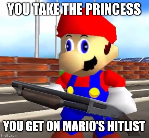SMG4 Shotgun Mario | YOU TAKE THE PRINCESS YOU GET ON MARIO’S HITLIST | image tagged in smg4 shotgun mario | made w/ Imgflip meme maker