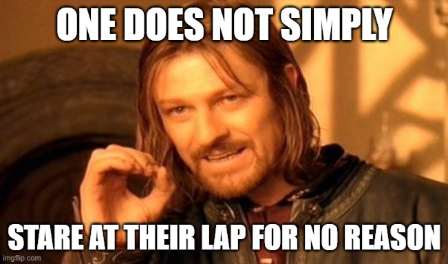 my ela teacher told us this and it was our phones | ONE DOES NOT SIMPLY; STARE AT THEIR LAP FOR NO REASON | image tagged in memes,one does not simply | made w/ Imgflip meme maker