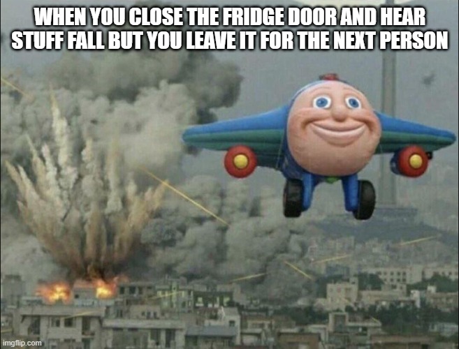 smiling airplane | WHEN YOU CLOSE THE FRIDGE DOOR AND HEAR STUFF FALL BUT YOU LEAVE IT FOR THE NEXT PERSON | image tagged in smiling airplane | made w/ Imgflip meme maker