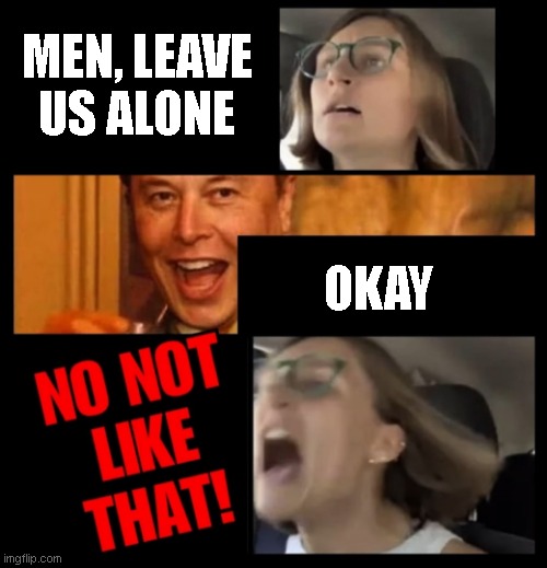 Elon Musk No Not Like That | MEN, LEAVE
US ALONE; OKAY | image tagged in elon musk no not like that | made w/ Imgflip meme maker