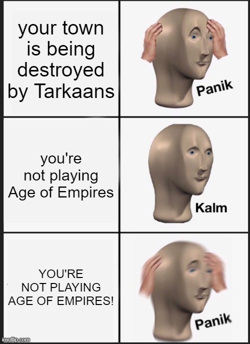 taarkans destroying your town | your town is being destroyed by Tarkaans; you're not playing Age of Empires; YOU'RE NOT PLAYING AGE OF EMPIRES! | image tagged in memes,panik kalm panik | made w/ Imgflip meme maker