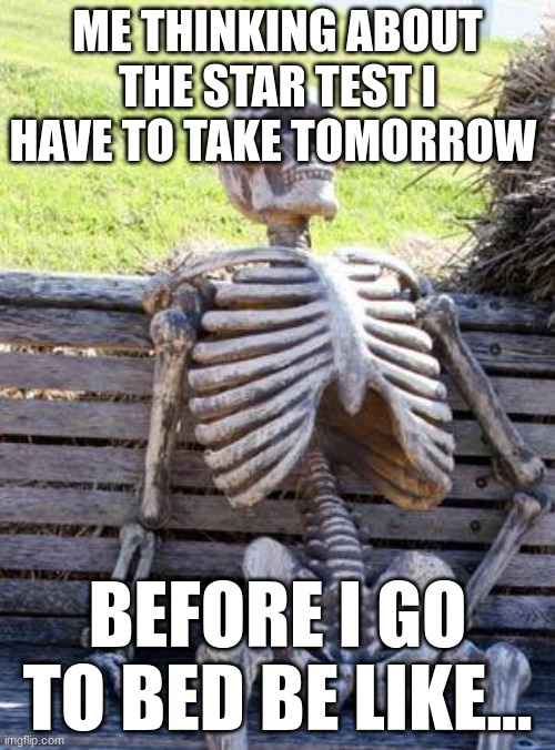 i am kind of scared of me failing my mom would kill me if i fail so yeah. | ME THINKING ABOUT THE STAR TEST I HAVE TO TAKE TOMORROW; BEFORE I GO TO BED BE LIKE... | image tagged in memes,waiting skeleton | made w/ Imgflip meme maker
