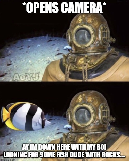Deep sea diver under pressure | *OPENS CAMERA* AY IM DOWN HERE WITH MY BOI LOOKING FOR SOME FISH DUDE WITH ROCKS.... | image tagged in deep sea diver under pressure | made w/ Imgflip meme maker