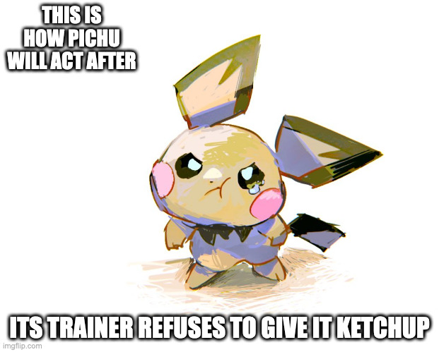 Angry Pichu | THIS IS HOW PICHU WILL ACT AFTER; ITS TRAINER REFUSES TO GIVE IT KETCHUP | image tagged in pichu,pokemon,memes | made w/ Imgflip meme maker