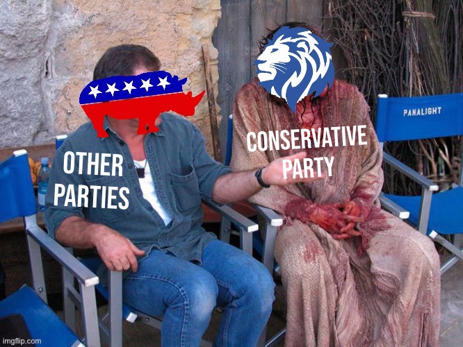 Conservative Party’s persecution and rebirth is the best story since Jesus | Conservative Party; Other parties | image tagged in conservative party vs rino,conservative party,the,real,jesus,resurrection | made w/ Imgflip meme maker