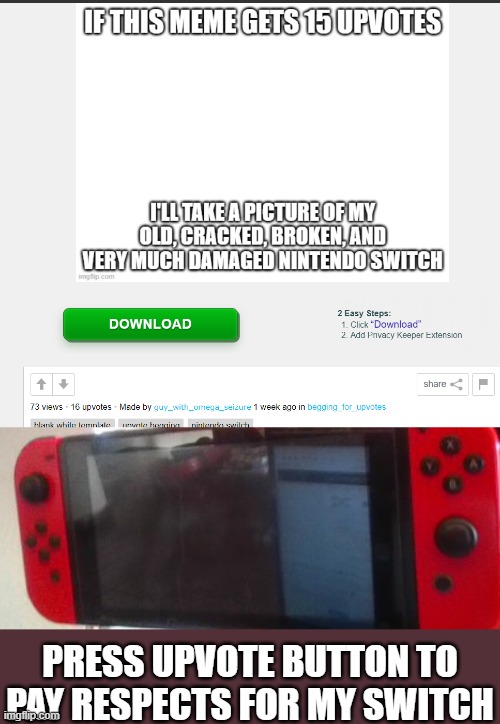 Welp, Here you go | PRESS UPVOTE BUTTON TO PAY RESPECTS FOR MY SWITCH | image tagged in nintendo switch,upvote begging,press f to pay respects | made w/ Imgflip meme maker