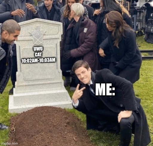 Grant Gustin over grave | UWU CAT
10:02AM-10:03AM; ME: | image tagged in grant gustin over grave | made w/ Imgflip meme maker
