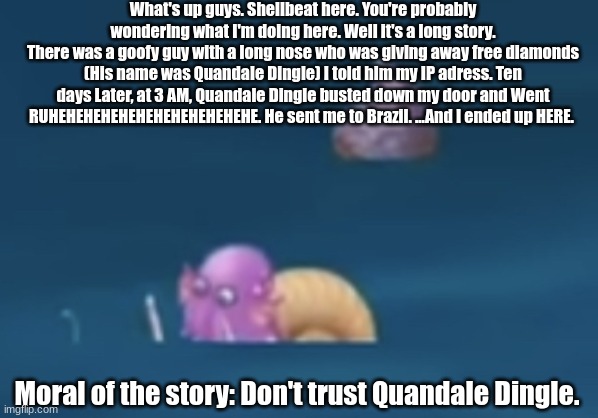 MSM Drowning Shellbeat | What's up guys. Shellbeat here. You're probably wondering what I'm doing here. Well it's a long story.
There was a goofy guy with a long nose who was giving away free diamonds (His name was Quandale Dingle) I told him my IP adress. Ten days Later, at 3 AM, Quandale Dingle busted down my door and Went RUHEHEHEHEHEHEHEHEHEHEHEHE. He sent me to Brazil. ...And I ended up HERE. Moral of the story: Don't trust Quandale Dingle. | image tagged in msm drowning shellbeat,msm,quandale dingle,goofy ahhh | made w/ Imgflip meme maker