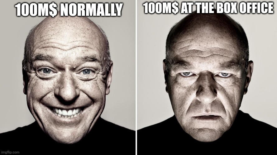 Dean Norris's reaction | 100M$ AT THE BOX OFFICE; 100M$ NORMALLY | image tagged in dean norris's reaction,box office,movies,money | made w/ Imgflip meme maker