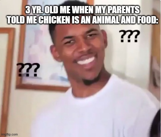 confused nick young | 3 YR. OLD ME WHEN MY PARENTS TOLD ME CHICKEN IS AN ANIMAL AND FOOD: | image tagged in confused nick young | made w/ Imgflip meme maker