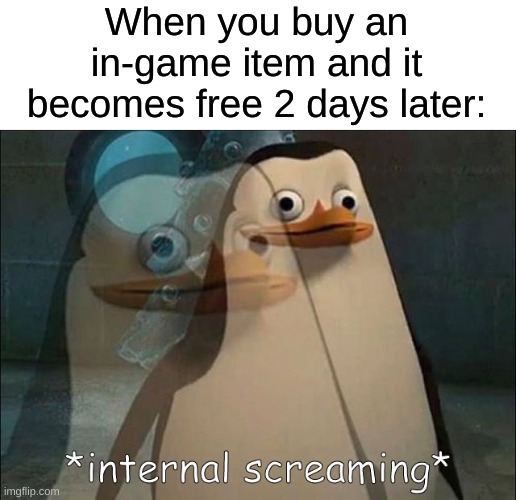 hmm... | When you buy an in-game item and it becomes free 2 days later: | image tagged in private internal screaming,memes | made w/ Imgflip meme maker