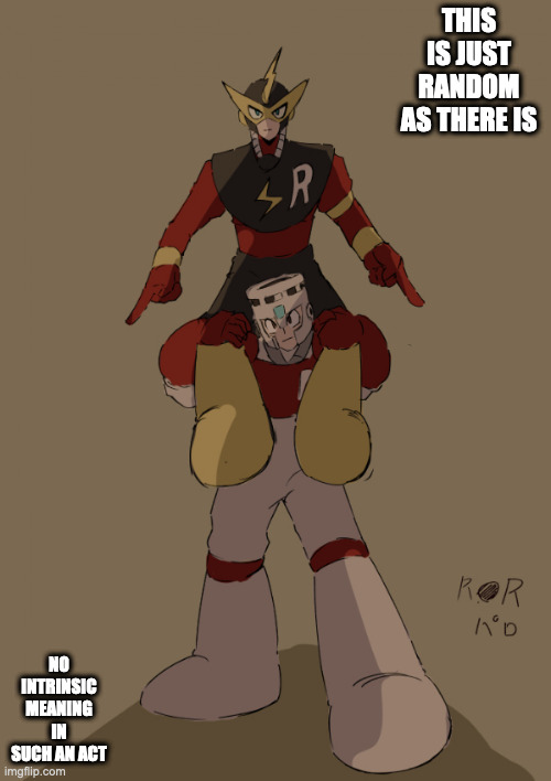 Elec Man on Fire Man's Shoulders | THIS IS JUST RANDOM AS THERE IS; NO INTRINSIC MEANING IN SUCH AN ACT | image tagged in elecman,fireman,megaman,memes | made w/ Imgflip meme maker