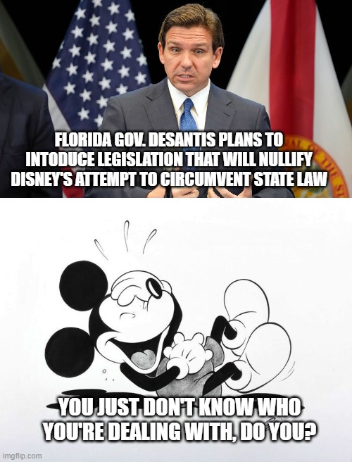 The definition of insanity is doing the same thing over and over and expecting a different result | FLORIDA GOV. DESANTIS PLANS TO INTODUCE LEGISLATION THAT WILL NULLIFY DISNEY'S ATTEMPT TO CIRCUMVENT STATE LAW; YOU JUST DON'T KNOW WHO YOU'RE DEALING WITH, DO YOU? | image tagged in desantis,disney | made w/ Imgflip meme maker