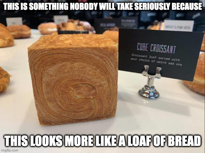 Cube Croissant | THIS IS SOMETHING NOBODY WILL TAKE SERIOUSLY BECAUSE; THIS LOOKS MORE LIKE A LOAF OF BREAD | image tagged in food,croissant,memes,funny | made w/ Imgflip meme maker