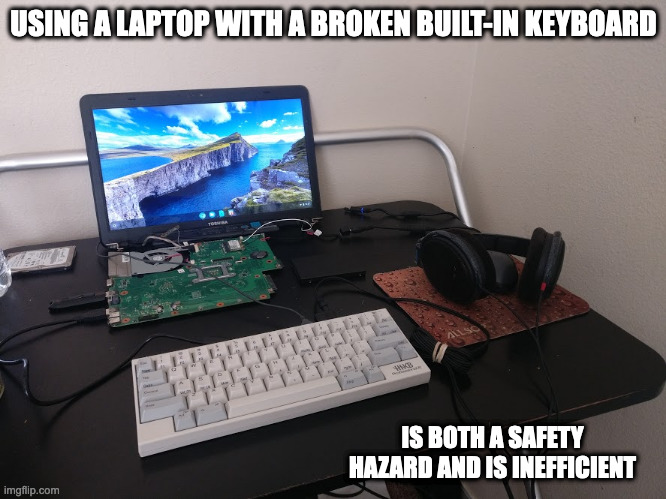 Laptop With Broken Built-In Keyboard | USING A LAPTOP WITH A BROKEN BUILT-IN KEYBOARD; IS BOTH A SAFETY HAZARD AND IS INEFFICIENT | image tagged in computer,memes | made w/ Imgflip meme maker