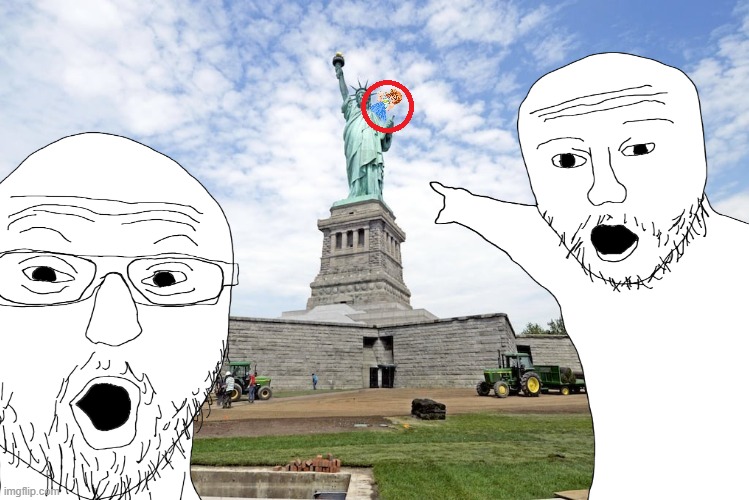 Rena is trying to steal the Statue of Liberty because it's kyute! | image tagged in higurashi,statue of liberty,soyjak pointing,theft | made w/ Imgflip meme maker