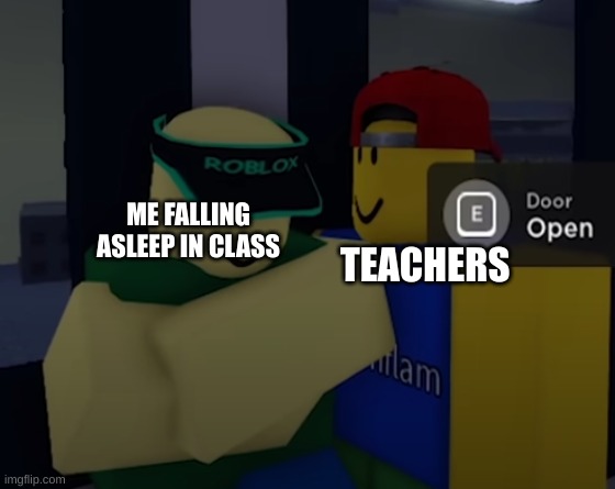 Robloxian looking at Cashier | TEACHERS; ME FALLING ASLEEP IN CLASS | image tagged in robloxian looking at cashier,school | made w/ Imgflip meme maker