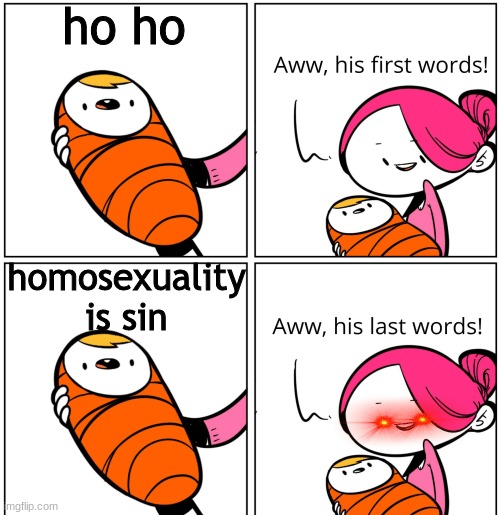 Aww, His Last Words | ho ho; homosexuality is sin | image tagged in aww his last words | made w/ Imgflip meme maker