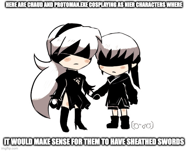 Mega Man Battle Network X Nier: Automata | HERE ARE CHAUD AND PROTOMAN.EXE COSPLAYING AS NIER CHARACTERS WHERE; IT WOULD MAKE SENSE FOR THEM TO HAVE SHEATHED SWORDS | image tagged in nier,megaman,megaman battle network,memes | made w/ Imgflip meme maker