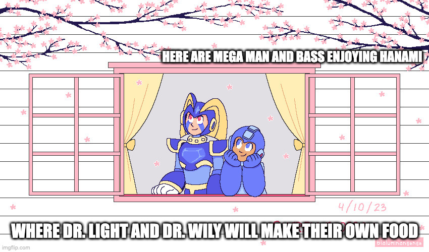 Mega Man and Bass Viewing Cherry Blossoms | HERE ARE MEGA MAN AND BASS ENJOYING HANAMI; WHERE DR. LIGHT AND DR. WILY WILL MAKE THEIR OWN FOOD | image tagged in megaman,bass,memes | made w/ Imgflip meme maker