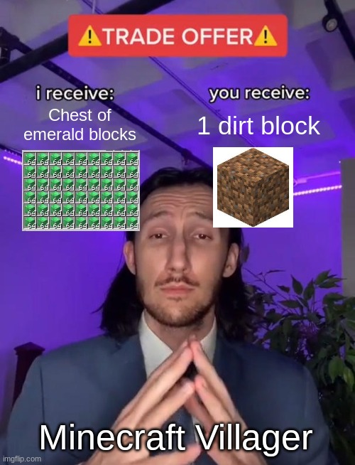 Trade Offer | Chest of emerald blocks; 1 dirt block; Minecraft Villager | image tagged in trade offer | made w/ Imgflip meme maker