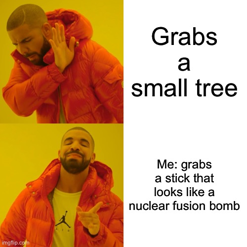 Drake Hotline Bling | Grabs a small tree; Me: grabs a stick that looks like a nuclear fusion bomb | image tagged in memes,drake hotline bling | made w/ Imgflip meme maker