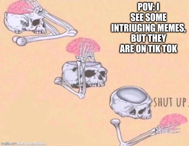 must... not... watch... | POV: I SEE SOME INTRIUGING MEMES, BUT THEY ARE ON TIK TOK | image tagged in skeleton shut up meme | made w/ Imgflip meme maker