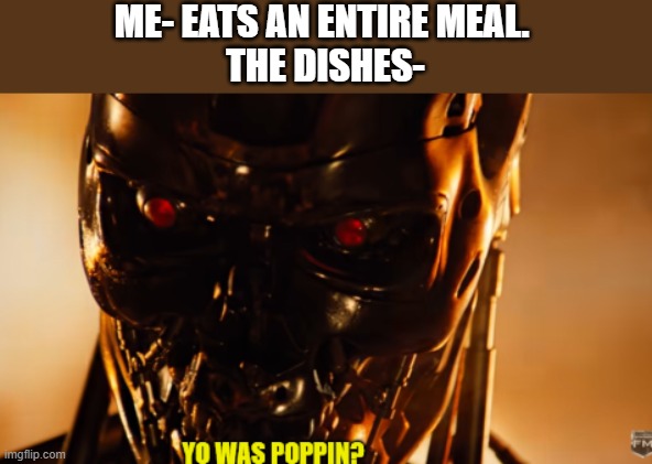 Yo Was Poppin- Terminator (original) | ME- EATS AN ENTIRE MEAL. 
THE DISHES- | image tagged in terminator | made w/ Imgflip meme maker