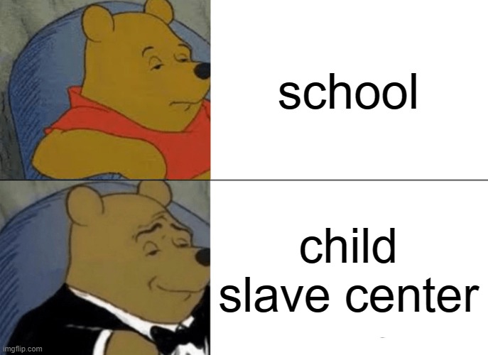same thing | school; child slave center | image tagged in memes,tuxedo winnie the pooh,funny,school,child slave,if you read this tag you are cursed | made w/ Imgflip meme maker