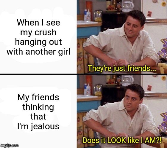 POV: You're anti-jealous | When I see my crush hanging out with another girl; They're just friends... My friends
thinking that
I'm jealous; Does it LOOK like I AM?! | image tagged in comprehending joey,jealousy,memes,funny memes,love | made w/ Imgflip meme maker